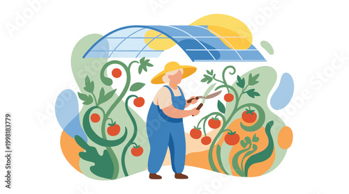 An elderly woman carefully prunes tomato vines beneath a modern solar panel installation in a vibrant garden setting featuring soft orange and blue tones.