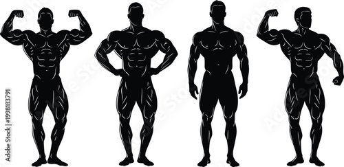 Bodybuilding silhouette poses, muscular male figures, fitness competition artwork, strength training illustration, physique design element, gym workout graphic concept