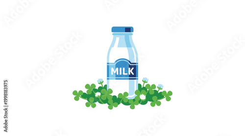 Flat-style illustration of a vintage glass milk bottle sitting in a lush patch of green clover with small white flowers on a clean white background.
