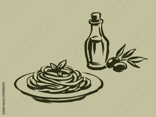 Pasta with olive oil ink sketch vector illustration