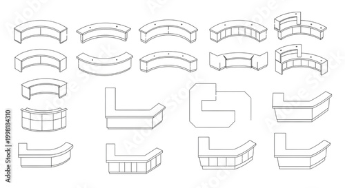 Curved Reception Desk CAD Block Set with Modular Configurations and Isometric Variations for Interior Layout Design