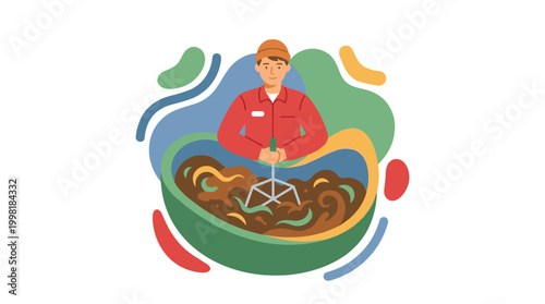 Man wearing a red shirt uses a specialized hand tool to mix rich dark compost inside a large green bowl within an abstract colorful organic environment.