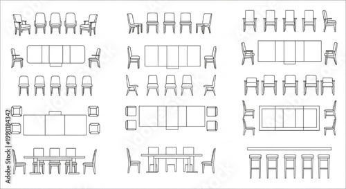Dining Table and Chair CAD Blocks Set – Plan and Elevation Views of Restaurant Seating Layouts and Furniture Arrangements