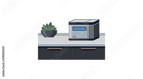 Sleek modern kitchen counter featuring a small decorative potted succulent plant and a metallic appliance on a clean minimalist surface with dark cabinets.