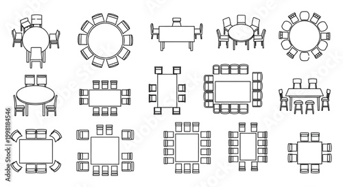 Dining Table Layout CAD Blocks Set – Top View Seating Arrangements for Restaurant and Cafeteria Plans