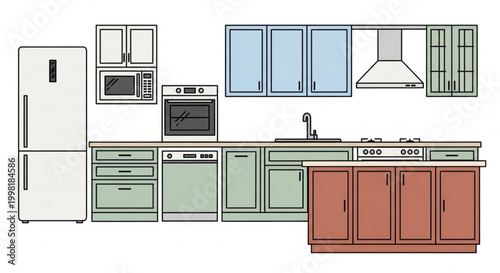 Modern Kitchen Elevation CAD Drawing with Cabinets, Appliances and Island Counter – Interior Design Layout