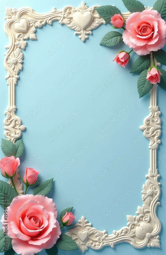 Obraz premium Ornate frame with pink roses and green leaves on pastel blue background. Hearts and floral motifs in white plaster add elegance. Ideal for invitations, cards, or romantic decor.