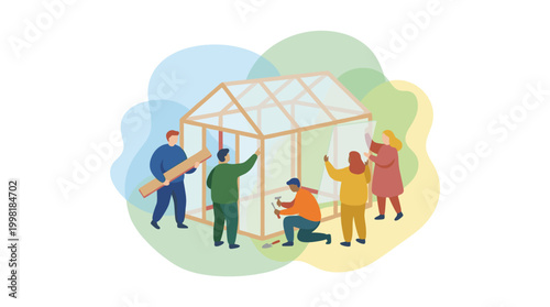 Collaborative group of neighbors meticulously assembles a wooden greenhouse frame structure within a serene garden setting featuring soft pastel color tones.