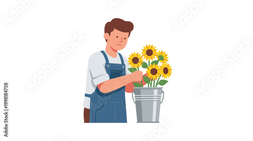 A person wearing a blue denim apron carefully arranges a beautiful bouquet of yellow sunflowers into a metal bucket in a clean and minimalist setting.