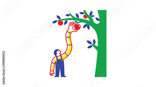 A person with an elongated arm reaches high into a lush green tree to carefully pick a ripe red apple in a bright and minimalist outdoor orchard scene.