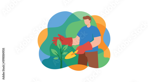 A person wearing protective red gloves uses a small yellow trowel to carefully tend to a young green plant against a backdrop of abstract color shapes.