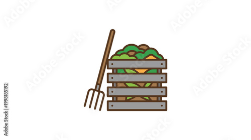 A brown wooden pitchfork leans against a grey slatted compost bin filled with green organic matter on a white background with clean minimalist aesthetics.