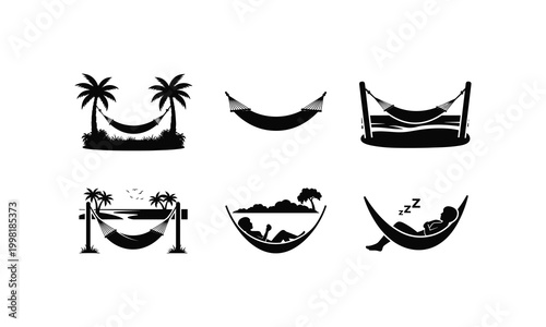 Hammock relaxation rest collection vector illustration silhouette line art design set.