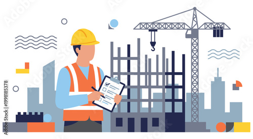 Construction engineer wearing hard hat and safety vest, holding clipboard and pen. Inspecting building site with crane and unfinished skyscrapers in background.