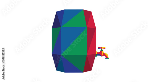 A geometric barrel made of colorful triangular facets features a brass-colored tap protruding from its side on a white background with sharp crisp edges.