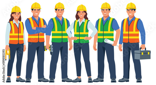 Smiling team of construction workers, men and women, holding tools and safety equipment. Ready for work on a building site.