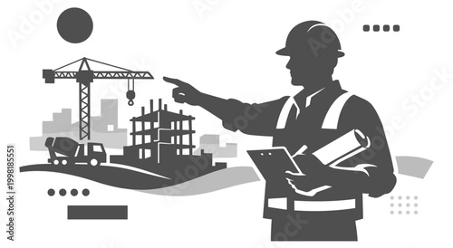Silhouette of architect or engineer overseeing construction project. Crane and building structures in background. Planning and supervision.