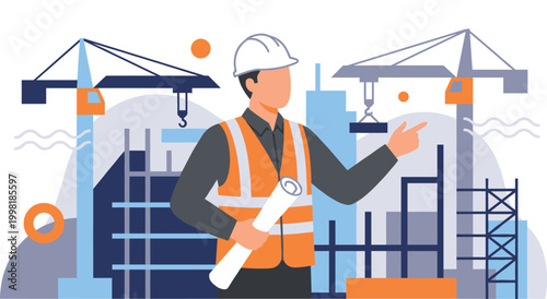 Construction manager in hard hat and safety vest, holding rolled blueprint and pointing with hand. Overseeing building site with cranes and skyscrapers. Concept of project management and guidance.