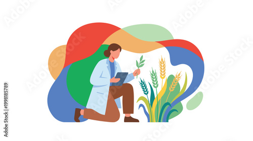 Scientist in a white lab coat kneels to meticulously examine a plant against an abstract and fluid colorful background in a clean modern illustration.