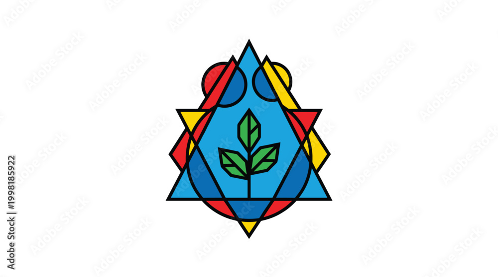 Obraz premium A large stylized water droplet contains a geometric plant icon surrounded by overlapping triangles and circles in primary colors on a white background.