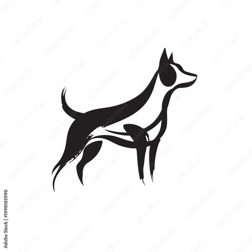 Fototapeta premium Minimalist Black Basenji Dog Silhouette Vector Variation 1 - Elegant Solid Curled Tail Canine Isolated on White for Pet Logos, Vet Clinics, T-Shirts, and Art Prints