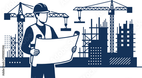 Construction worker with blueprint on site. Cranes lift materials near building structure and concrete mixers. Industrial development and engineering.