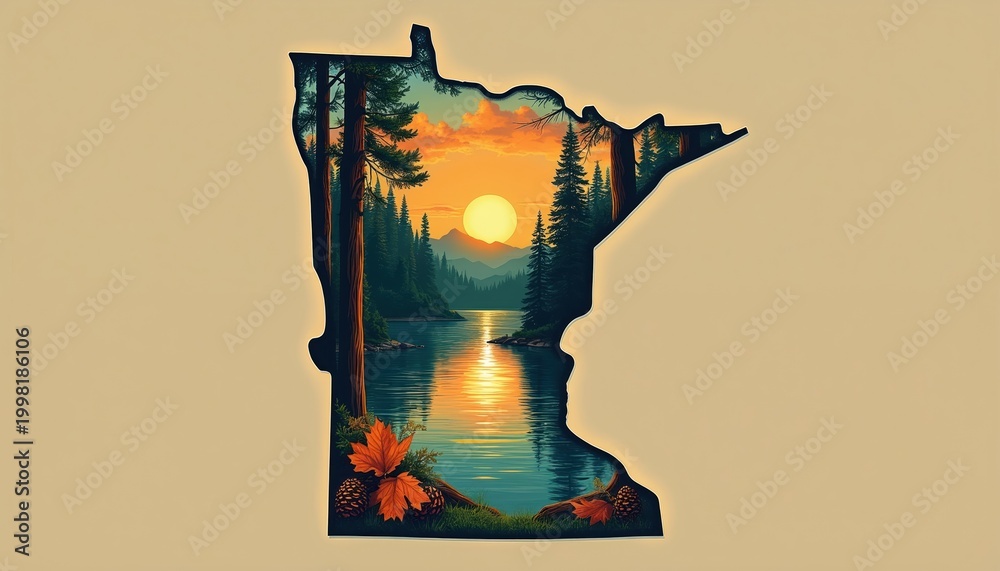 Naklejka premium Minnesota shape holds serene lake sunset forest scene. Tall pine trees border tranquil water with warm orange sky reflecting. Autumn maple leaves and pine cones lay on grassy shore.