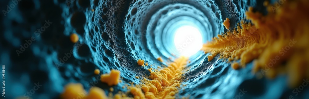 Fototapeta premium Tunnel like artery with yellow fat deposits narrows toward bright light. Microscopic view of diseased blood vessel. Medical science concept of blockage.
