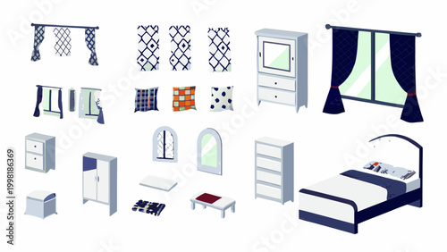 bedroom furniture set flat vector illustration isolated on white