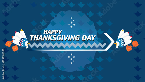 Happy thanksgiving day banner with stylized turkeys and autumn elements