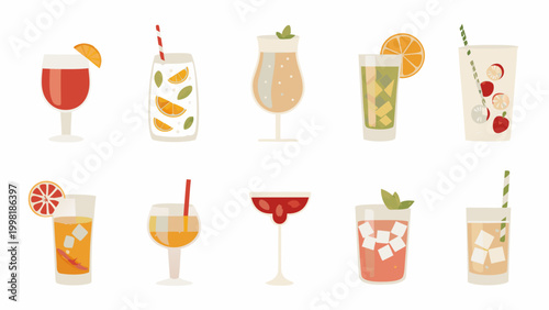 colorful cocktail drinks illustration with fruit garnishes flat vector