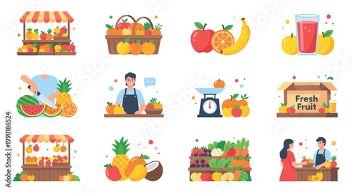 Fresh fruit market set showcasing wide variety of fruits. Scenes include market stalls, baskets, individual fruits, juice, fruit cutting, weighing, and packaged fruit, ready for sale.