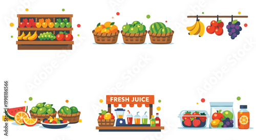 Variety of fresh fruits and juices displayed at market stall. Oranges, apples, watermelons, bananas, grapes, strawberries. Healthy food, drinks, and shopping.