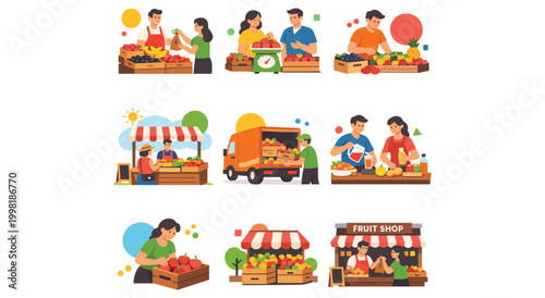 Vibrant fruit market scenes. Vendors sell fresh produce like apples, bananas, and oranges at stalls and fruit shop. People buying groceries.