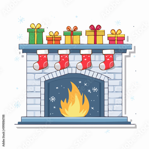 Christmas Fireplace with Gifts and Stockings