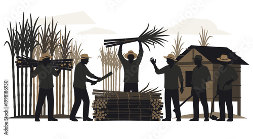Group of sugar cane farmers working diligently in a field, harvesting crops. Several men are carrying and processing sugarcane stalks near a small wooden shack,