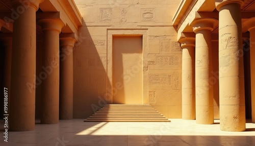 Ancient Egyptian temple interior with large stone columns, hieroglyphics on walls. Stairs lead to closed doorway with warm sunlight casting shadows on tiled floor. Backdrop evokes history, mystery.