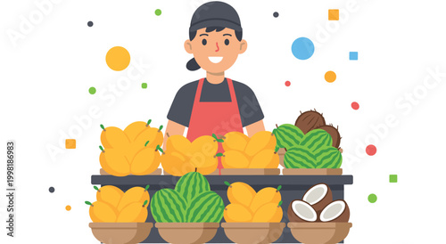 Happy fruit vendor stands behind stall filled with fresh watermelons and mangoes, ready to sell. Colorful elements float in background, adding lively touch to scene.