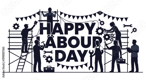 Happy Labour Day banner with industrial workers and construction tools. Celebrate hard work and dedication with a design featuring silhouettes of people and decorative elements, ideal for holidays.