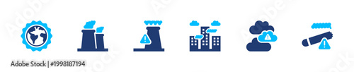 Industrial pollution icon set. emission, environment, waste, factory, contamination. solid style icon collection.