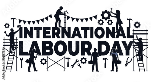 International Labour Day banner with industrial workers, construction tools, and gears. This design celebrates global solidarity and the importance of labor, perfect for holiday greetings and events.