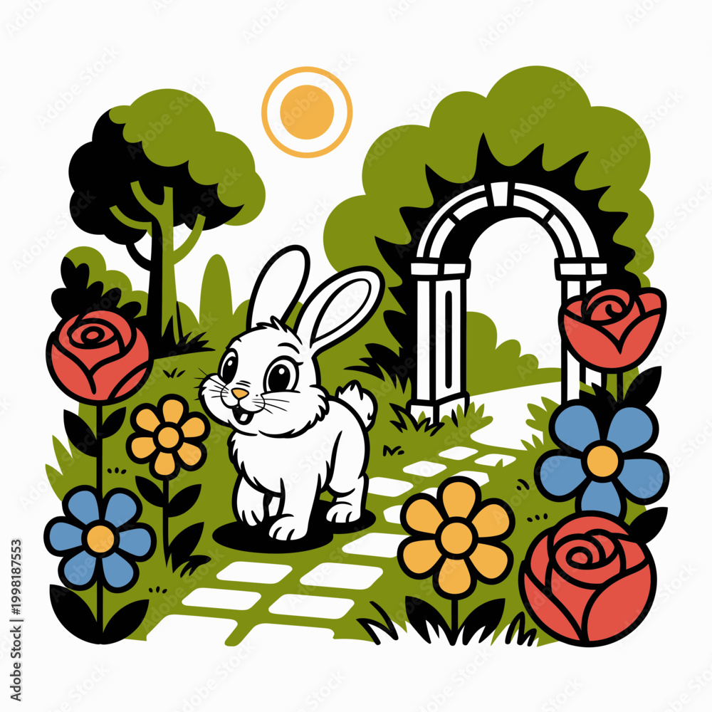 Fototapeta premium White Rabbit Standing on Garden Path with Flowers and Archway