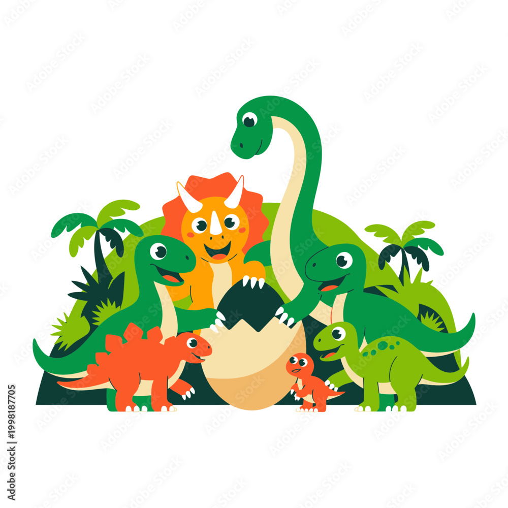 Fototapeta premium Dinosaur Family Hatching from Egg in Jungle