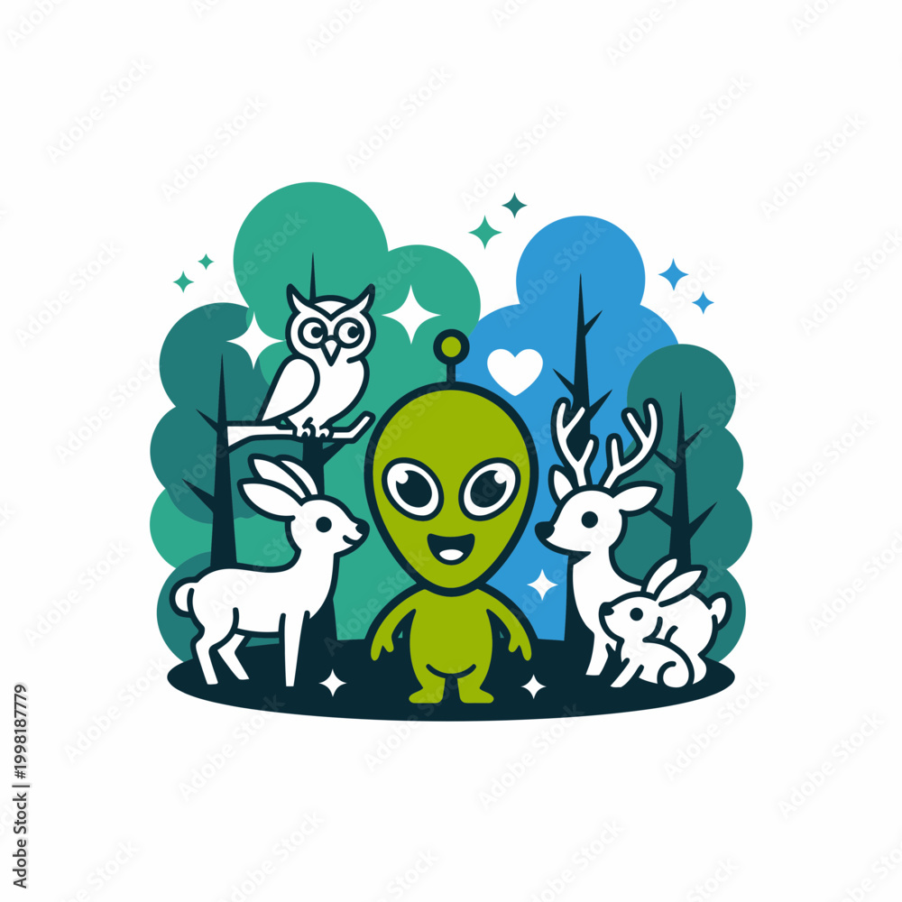 Fototapeta premium Green Alien Character with Animals in Forest