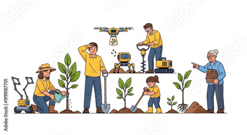 Illustrating modern gardening and sustainable agriculture with technological advancements and generational involvement