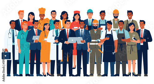 Diverse group of happy men and women from various occupations and cultures stand together. These successful professionals showcase unity and teamwork, representing a wide range of careers and skills.