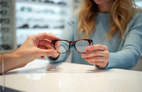 Optician offers eyeglass frame to client at counter. Woman selects new spectacles for vision correction. Professional service helps choose best fit and style.