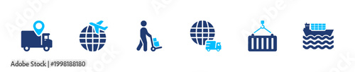 Global logistics icon set. shipping, transport, supply, distribution, network. solid style icon collection.
