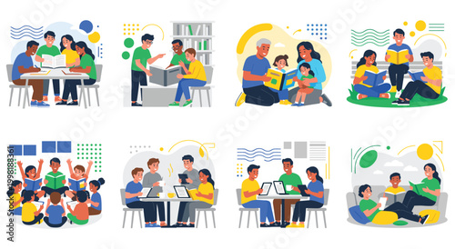 Diverse groups and families engaged in reading. Children, adults, and seniors share books, fostering education, learning, and bonding.