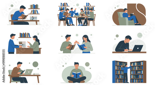 Illustrations of people engaged in reading and studying in group settings like libraries and meeting rooms, as well as individual activities at desks with laptops and books.